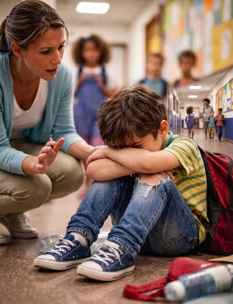 Menino sentado no chão do corredor da escola, com o rosto escondido nos braços, enquanto uma professora conversa com ele